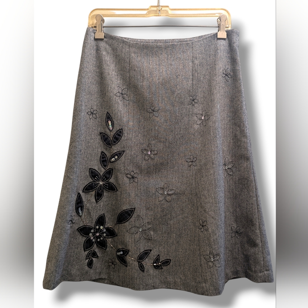 Jones New York Country Wool Blend Black/White Herringbone Embroidered Skirt- 6